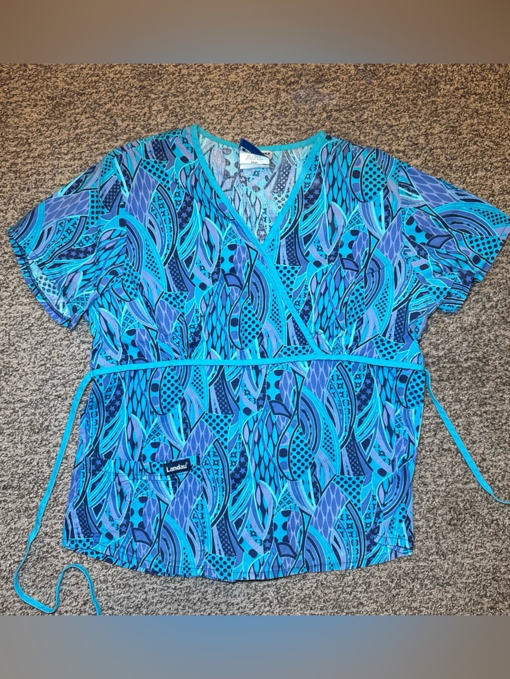 Landau Blue Teal Abstract Print Wrap Scrub Top
